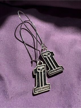 Authentic Harley-Davidson Blackened Silver Skull and Number 1 Dangle Earrings